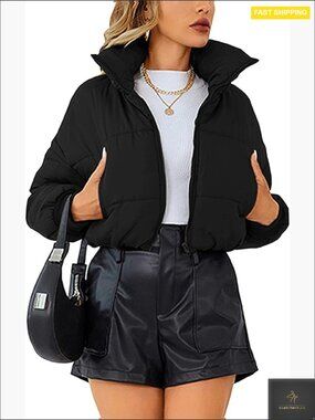 Quilted Puffer Jacket Cropped Modern Lightweight Winter Coat Stand Collar
